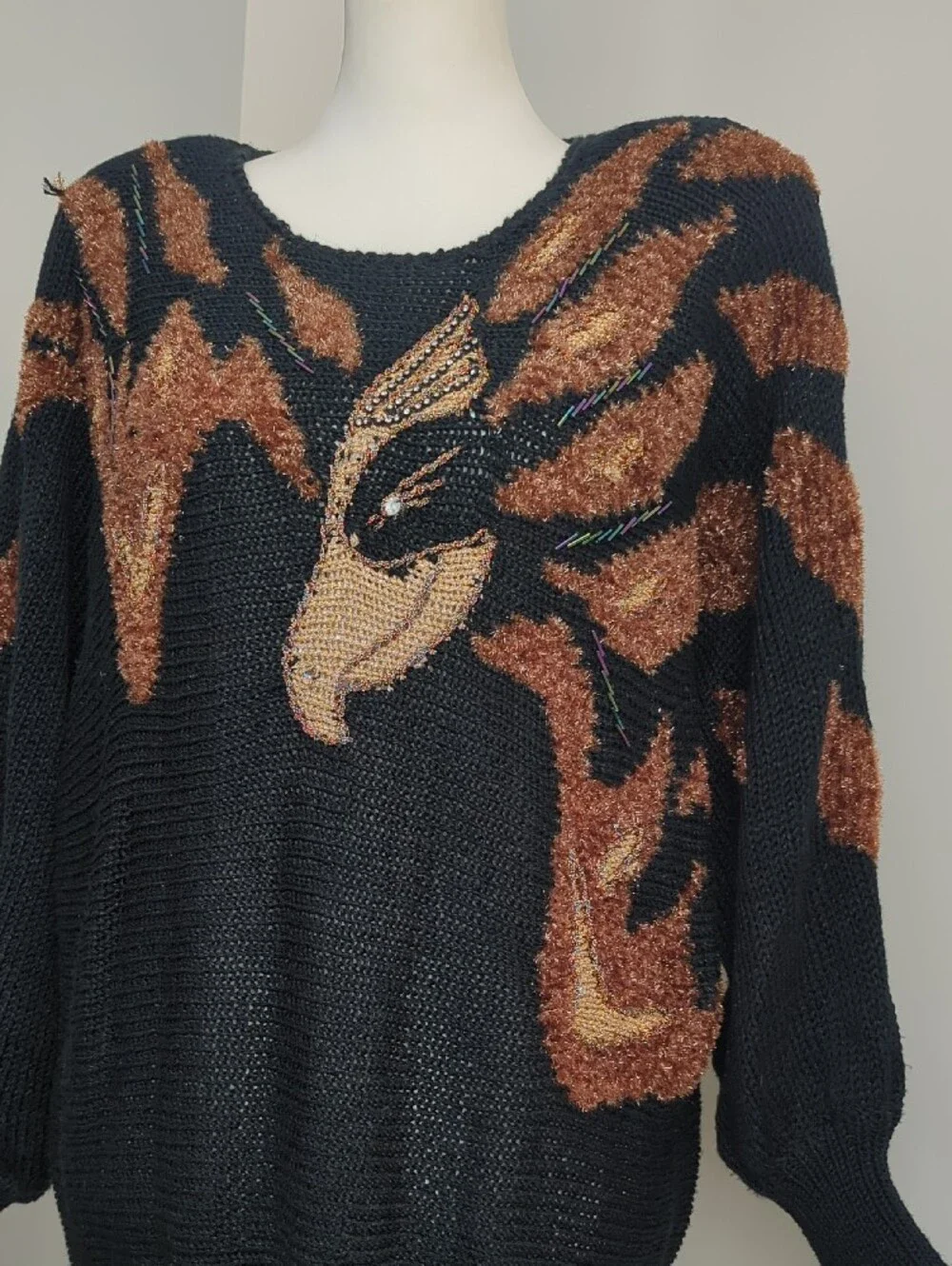 Vtg 1980s Avant Garde Wearable Art Textured Phoenix Flame Knit Sweater LARGE